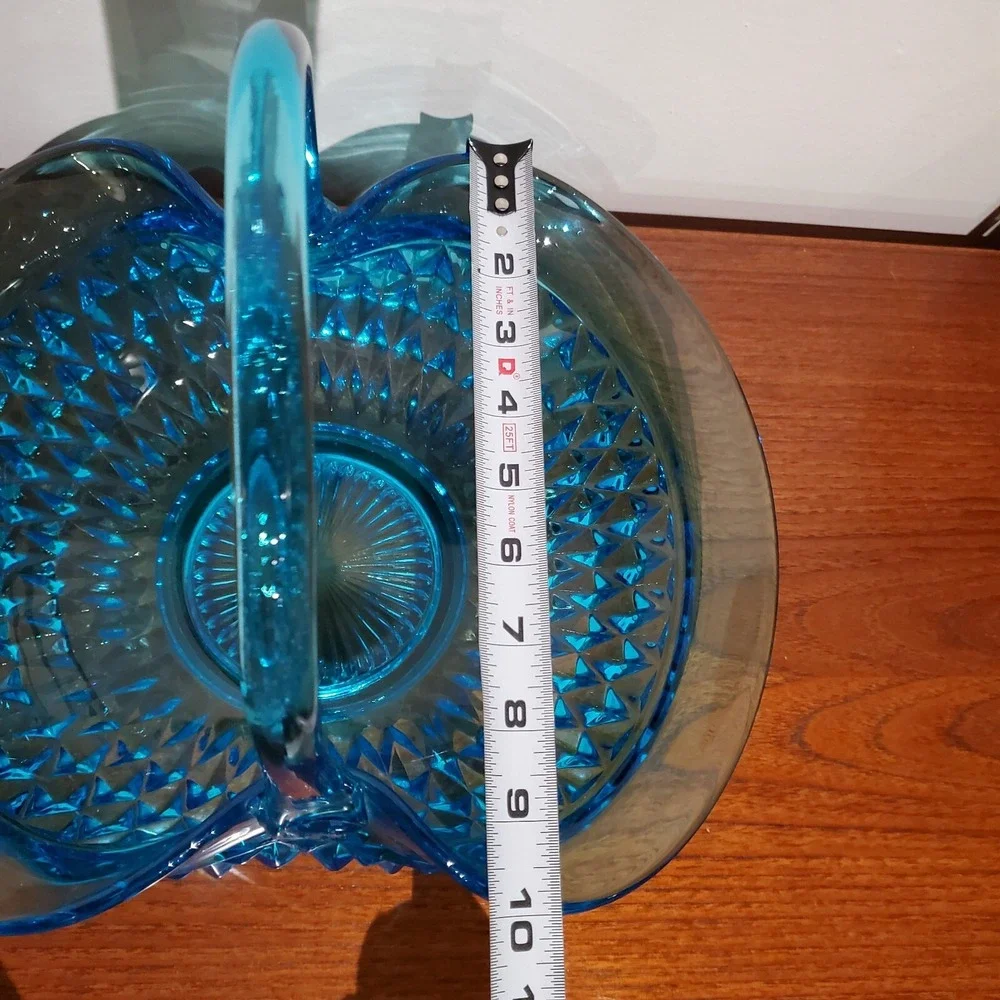 Vintage Tiara Exclusives Horizon Blue Diamond Point Glass Basket Centerpiece 70s